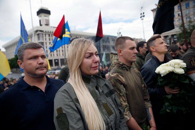 KYIV, UKRAINE - JUNE 22, 2022 - People pay their last respects to the founder and leader of the "Legion of Freedom" and Commander of the Carpathian Sich Battalion Oleh Kutsyn who died fighting the russian occupiers in the Izyum direction during a farewell ceremony in Maidan Nezalezhnosti Square, Kyiv, capital of Ukraine. This photo cannot be distributed in the russian federation.\/\/UKRINFORMAGENCY_SIPA.321\/2206221708\/Credit:Ruslan Kaniuka\/UKRINFORM\/SIPA