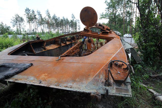 KYIV REGION, UKRAINE - JUNE 30, 2022 - The remains of destroyed Russian military vehicles are pictured near Dmytrivka village, Kyiv Region, northern Ukraine. This photo cannot be distributed in the Russian Federation. \/\/UKRINFORMAGENCY_choix.0450\/2207011448\/Credit:Ukrinform\/SIPA