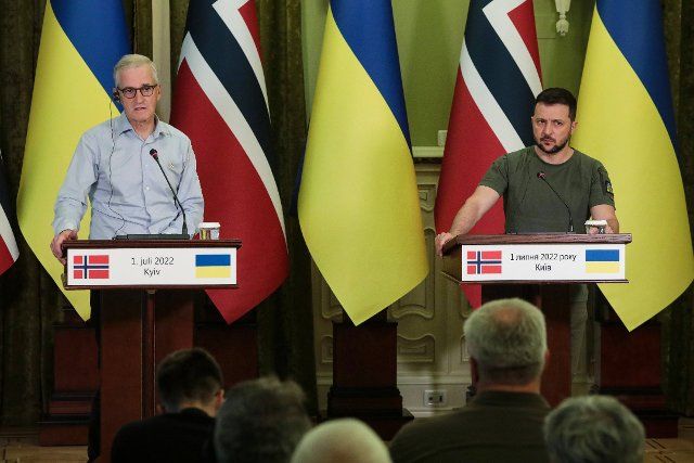 KYIV, UKRAINE - JULY 01, 2022 - President of Ukraine Volodymyr Zelenskyy (R) and Prime Minister of the Kingdom of Norway Jonas Gahr Store speak with the press, Kyiv, capital of Ukraine. This photo cannot be distributed in the russian fedration.\/\/UKRINFORMAGENCY_choix.0732\/2207021250\/Credit:Ukrinform\/SIPA