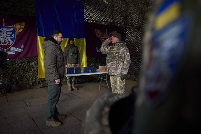 In this handout image issued by Ukrainian Presidency, Ukrainian President Volodymyr Zelenskyy meet on the Day of the Armed Forces of Ukraine with the Ukrainian military in Donbas and presented them with state awards. Dontesk, Donbass, UKRAINE-06\/12\/2022 (Ukrainian Presidential Press Office via SIPA) SIPA PRESS PROVIDES ACCESS TO THIS PUBLICLY DISTRIBUTED HANDOUT PHOTO PROVIDED BY UKRAINIAN PRESIDENTIAL PRESS OFFICE\/\/\/04SIPA_sipa.14809\/Credit:Ukrainian Presidency\/SIPA\/2212061436\/Credit:Ukrainian Presidency\/SIPA