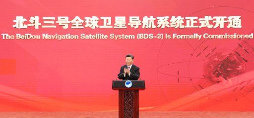 (200731) -- BEIJING, July 31, 2020 (Xinhua) -- Chinese President Xi Jinping, also general secretary of the Communist Party of China Central Committee and chairman of the Central Military Commission, attends the completion and commissioning ceremony for the BeiDou Navigation Satellite System (BDS-3) in Beijing, capital of China, July 31, 2020. Xi declared the official commissioning of the newly completed BDS-3 system. (Xinhua\/Li Xiang) - Li Xiang -\/\/CHINENOUVELLE_XxjpbeE007559_20200731_PEPFN0A001\/2007311636\/Credit:CHINE NOUVELLE\/SIPA