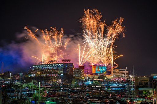 PYROTECNICO fireworks display at Super Bowl LV held at Raymond James Stadium in Tampa, FL during Super Bowl LV on Feb. 7, 2021. Super Bowl LV between the Tampa Bay Buccaneers and the Kansas City Chiefs. (Photo by Doug Van Sant\/Alive Coverage\/Sipa USA