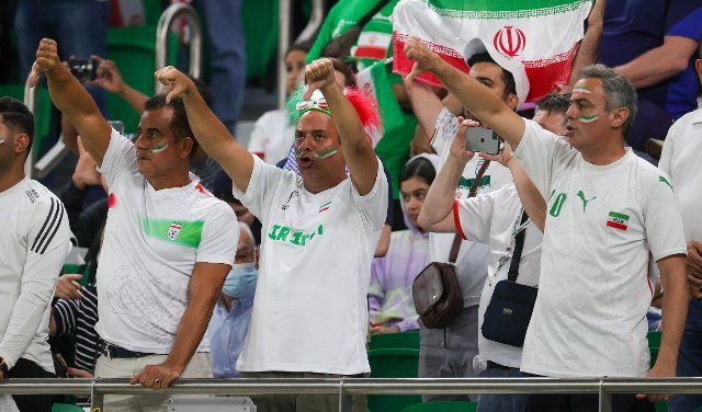 Iranian supporters whistle during their national anthem as a protest before a soccer game between Iran and USA, the third and last game in the Group B of the FIFA 2022 World Cup in Al Thumama Stadium, Doha, State of Qatar on Tuesday 29 November 2022. BELGA PHOTO VIRGINIE LEFOUR (Photo by VIRGINIE LEFOUR\/Belga\/Sipa USA