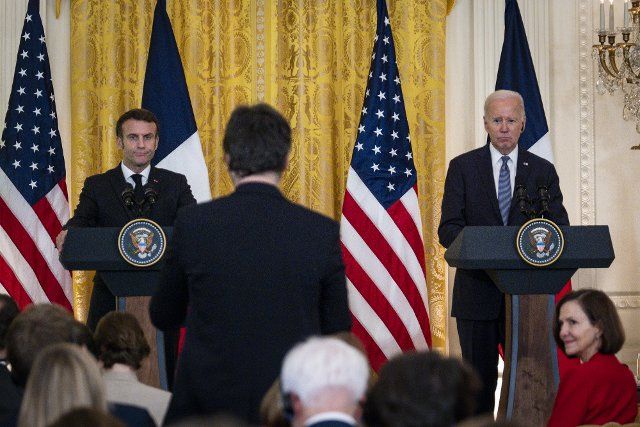 President Emmanuel Macron of France and President Joe Biden speak at a joint press conference in the East Room of The White House in Washington, DC on Dec. 1, 2022. (Photo by Pete Marovich\/Sipa USA
