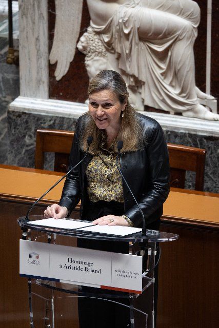President of the French National Assembly Yael Braun Pivet delivers a speech in tribute to former French deputy Aristide Briand as the President of the Assembly unveil a commemorative plaque with his name, at the French National Assembly (Assemblee Nationale) in Paris on December 6, 2022. Photo by Raphael Lafargue\/Abaca\/Sipa