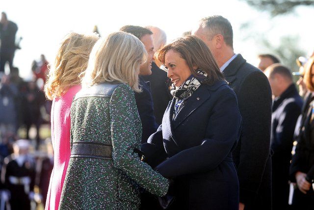 Brigitte Macron and Kamala Harris, US vice-president during welcome ceremony for French President Emmanuel Macron and First Lady Brigitte Macron at the White House in Washington, DC, USA on December 1st 2022. Photo by Dominique Jacquovides\/Pool\/Abaca\/Sipa