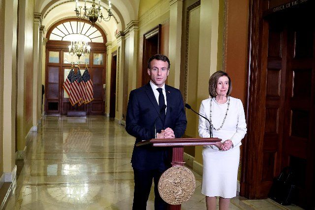 French President Emanuel Macron and House Speaker Nancy Pelosi speak to the press prior to a bicameral meeting with members of Congress at the U.S. Capitol Building in Washington, DC on December 1st, 2022. Photo by Dominique Jacovides\/Pool\/Abaca\/Sipa