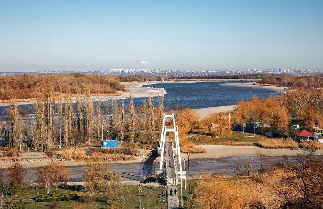 Record shallowing of the Don and Azovka rivers near the city of Azov. View of the shallow Don River and the suspension bridge across the Azovka River from the city of Azov. 05.12.2022 Russia, Rostov region Photo credit: Nikita Yudin\/Kommersant\/Sipa