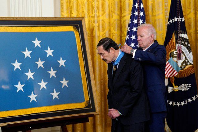 U.S. President Joe Biden awards the Medal of Honor to U.S. Army Vietnam War veteran Dennis Fujii in the East Room at the White House in Washington on July 5, 2022. Photo by Yuri Gripas\/Abaca\/Sipa