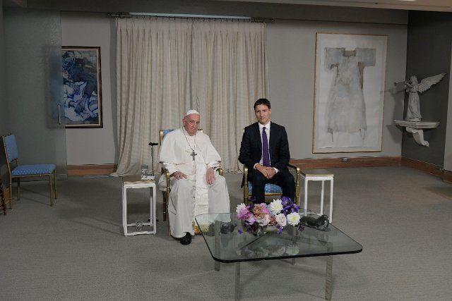Canada, Quebec City,2022\/07\/27 Pope Francis meets with Canadian Prime Minister Justin Trudeau at the Citadelle de Quebec in Quebec City, Quebec, Canada Photograph by Vatican Mediia \/ Catholic Press Photo\/ . RESTRICTED TO EDITORIAL USE - NO MARKETING - NO ADVERTISING CAMPAIGNS. (Photo by Vatican Media\/Sipa USA) *** ITALY OUT 