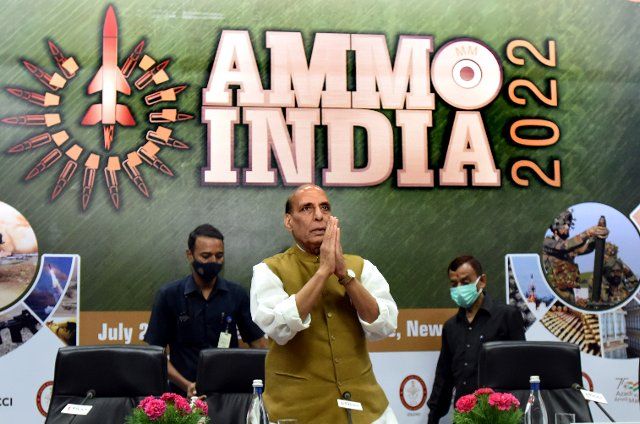 NEW DELHI, INDIA - JULY 27: Union Defence Minister Rajnath Singh, during the 2nd conference AMMO INDIA 2022, Military Ammunition at FICCI on July 27, 2022 in New Delhi, India. (Photo by Sonu Mehta\/Hindustan Times\/Sipa USA