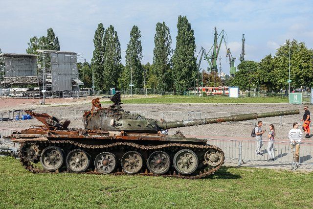 Gdansk, Poland August, 23rd. 2022 Wrecks of Russian tanks, armored vehicles, howitzers and armored personnel carriers, destroyed by the Ukrainian armed forces during the Russian war with Ukraine are seen. The exhibition entitled \