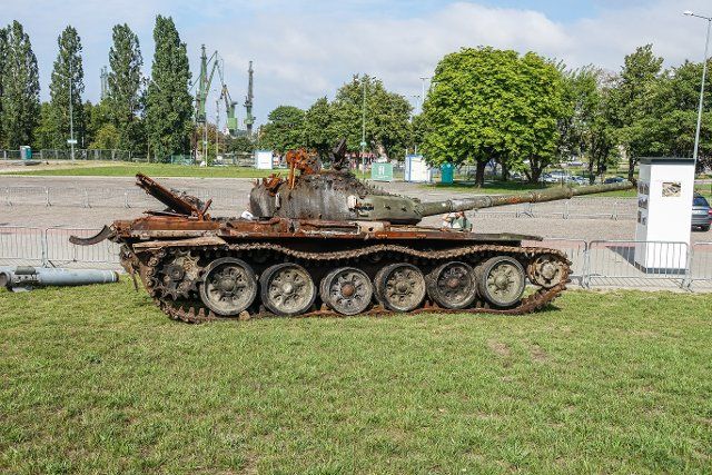 Gdansk, Poland August, 23rd. 2022 Wrecks of Russian tanks, armored vehicles, howitzers and armored personnel carriers, destroyed by the Ukrainian armed forces during the Russian war with Ukraine are seen. The exhibition entitled \