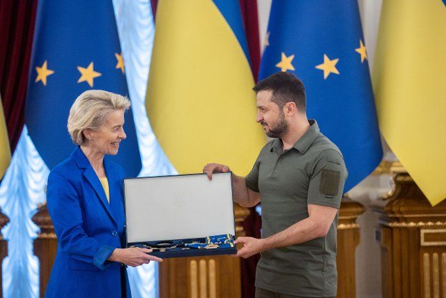 Handout photo shows Ukrainian President Volodymyr Zelensky and President of the European Commission Ursula von der Leyen hold a meeting in Kyiv, Ukraine on September 15, 2022. von der Leyen said Thursday that Ukraine would have the backing of Brussels "for as long as it takes" as Russia\