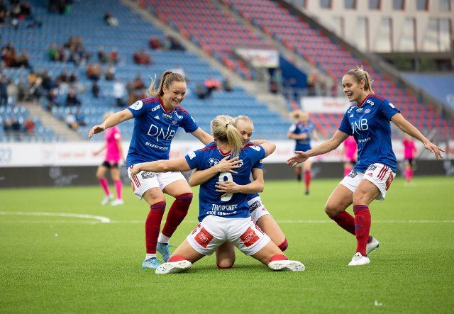 Oslo, Norway, October 2nd 2022: Elise Thorsnes (9 Valerenga) celebrates after scoring her goal number 200 in Toppserien during the playoff game in Toppserien between Valerenga and Rosenborg at Intility Arena in Oslo, Norway (Ane Frosaker\/SPP) (Photo by Ane Frosaker\/SPP\/Sipa USA