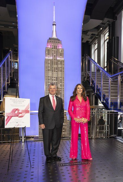 Elizabeth Hurley and William Lauder light Empire State Building in pink on behalf of The Estee Lauder Companies Breast Cancer Campaign in New York on October 3, 2022. (Photo by Lev Radin\/Sipa USA