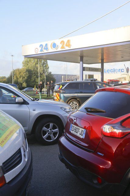 Lines at gas stations as people wait for gas in Montreuil sur Mer, Hauts de France, France on Oct. 6, 2022. Following 2 weeks of industrial action at refineries in France, petrol stations across the country have run out of petrol and diesel. France could grind to a halt in days if the dispute continues, and even if the dispute is resolved, it will cause a great deal of disruption as supply lines will take time to recover. (Photo by Charlie Varley\/Sipa USA