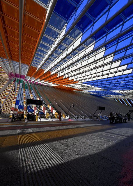 Illustration picture shows a monumental temporary art work by French artist Daniel Buren, at the Liege-Guillemins railway station, in Liege, Thursday 06 October 2022. BELGA PHOTO ERIC LALMAND (Photo by ERIC LALMAND\/Belga\/Sipa USA