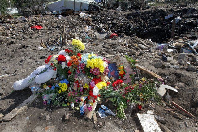 Dnipro, Ukraine - October 05, 2022 - Flowers and toys brought by Dnipro residents to the place where the house of the family killed by the russian missile strike was located, Dnipro, eastern Ukraine. Photo by Mykola Myakshykov\/Ukrinform\/Abaca\/Sipa
