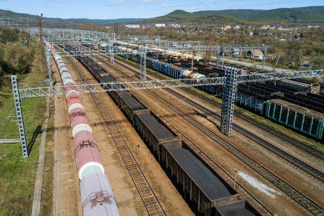 Genre photography. Freight trains at the Smolyaninovo railway station. 05.10.2022 Russia, Primorsky region, Vladivostok Photo credit: Igor\