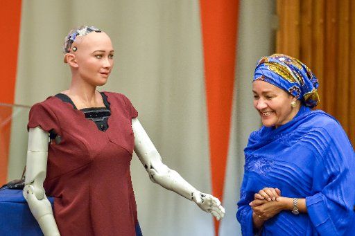 United Nations Deputy Secretary-General Amina J. Mohammed (R) is seen in coversation with the robot "Sophie" at a thematic joint meeting of the UN General Assembly Second Committee and ECOSOC titled The future of everything  Sustainable ...