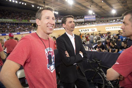 LONDON, UK - MARCH 4, 2016 - Andy Sparks(L), coach of the winning USA team pursuit squad, and Derek Bouchard Hall, CEO of USA Cycling, talk about the win. (Photo by Casey B. Gibson) *** Please Use Credit from Credit Field ***