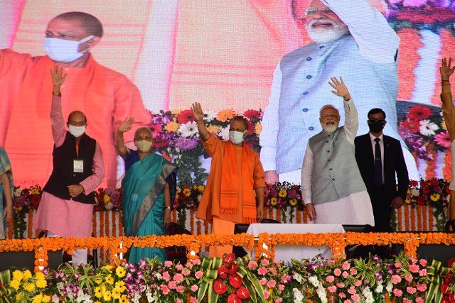 SULTANPUR, INDIA - NOVEMBER 16: Prime Minister Narendra Modi along with Chief Minister of Uttar Pradesh Yogi Adityanath, Governor of UP Anandi Ben Patel during the inaugural ceremony of Purvanchal Expressway on November 16, 2021 in Sultanpur, India. (Photo by Deepak Gupta\/Hindustan Times\/Sipa USA