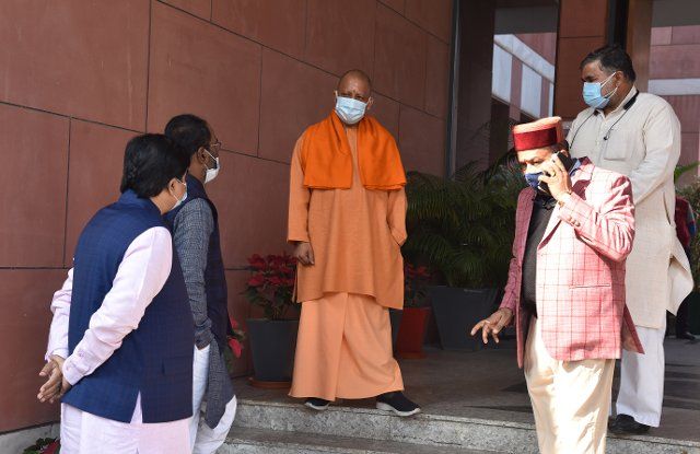 NEW DELHI, INDIA - JANUARY 11: Chief Minister of Uttar Pradesh Yogi Adityanath arrive at BJP HQ for attending Party Core committee meeting for Upcoming UP vidhan Sabha election at BJP HQ on January 11, 2022 in New Delhi, India. (Photo by Sonu Mehta\/Hindustan Times\/Sipa USA