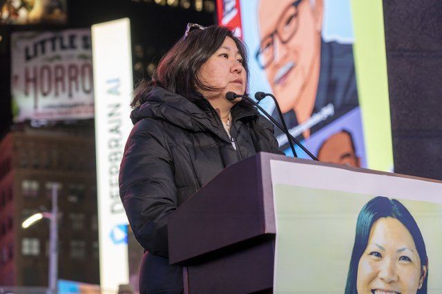 Congresswoman Grace Meng (D-NY) speaks at a candlelight vigil in Times Square for Michelle Alyssa Go, who was killed at the Times Square subway station last Saturday in New York City. Forty-year-old Go, an Asian American, was pushed by a stranger in front of a train at the Times Square subway station. Police have arrested a 61-year-old man, Simon Martial, who has a history of mental illness. The incident is the latest high profile crime in the Times Square area. (Photo by Ron Adar \/ SOPA Images\/Sipa USA