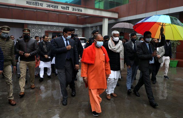 LUCKNOW, INDIA - JANUARY 22: Uttar Pradesh Chief Minister Yogi Adityanath arrives to flag off the BJP Election Campaign Vehicles ahead of UP Assembly Election 2022 at Bharatiya Janata Party (BJP) headquarters on January 22, 2022 in Lucknow, India. (Photo by Deepak Gupta\/Hindustan Times\/Sipa USA