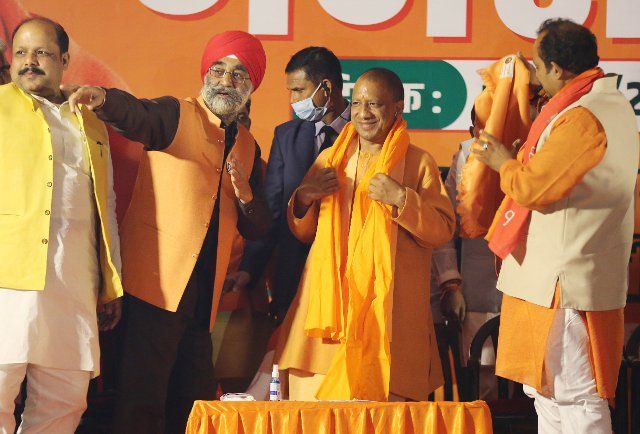 LUCKNOW, INDIA - FEBRUARY 18: Uttar Pradesh Chief Minister Yogi Adityanath during a public meeting for Bharatiya Janata Party (BJP) candidate Rajnish Gupta from Lucknow central assembly constituency on February 18, 2022 in Lucknow, India. (Photo by Deepak Gupta\/Hindustan Times\/Sipa USA