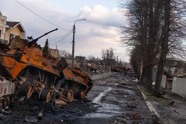 Several destroyed Russian armored vehicles are seen on a road in Bucha, Ukraine on April 4, 2022. Russian military forces entered Ukraine territory on Feb. 24, 2022. Russian military forces entered Ukraine territory on Feb. 24, 2022. (Photo by Daniel Brown\/Sipa USA