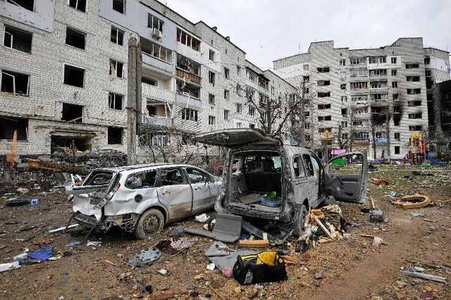 A view of a damaged residential area in the city of Borodianka, northwest of the Ukrainian capital Kyiv. After invading Ukraine on February 24th, Russian troops took up positions on the outskirts of the Ukrainian capital Kyiv. Facing fierce resistance, and after taking heavy losses, Russian forces have since withdrawn from a number of villages they occupied including Bucha, Borodianka, in Bucha district. Burnt out Russian tanks and armored vehicles and civilian bodies strewn along streets and roads are testimony to ferocity of the battles in these areas. (Photo by Sergei Chuzavkov \/ SOPA Images\/Sipa USA