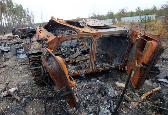 Destroyed military equipment of the russian army is seen near the village of Dmytrivka, Bucha district, Kyiv Region, north-central Ukraine, on April 13, 2022. Photo by Pavlo Bahmut\/Ukrinform\/Abaca\/Sipa