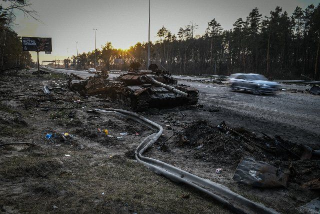 Russian tanks destroyed in the outskirts of Kyiv, Ukraine on Apr. 15, 2022. Russian forces entered Ukraine territory on Feb. 24, 2022 (Photo by Piero Cruciatti\/Sipa USA