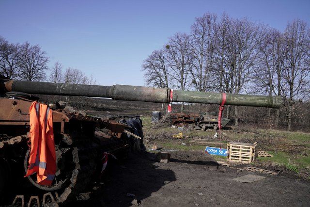 SUMY REGION, UKRAINE - APRIL 15, 2022 - The barrel of a destroyed Russian tank is pictured in Sumy Region, northeastern Ukraine. Photo by Anna Voitenko\/Ukrinform\/Abaca\/Sipa