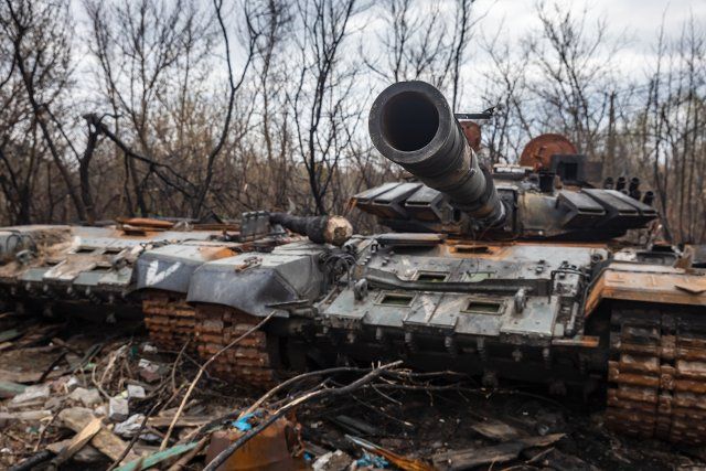 Destroyed and burned tanks and other military equipment of the Russian invaders along the Zhytomyr highway in the vicinity of Kyiv. Russia invaded Ukraine on 24 February 2022, triggering the largest military attack in Europe since World War II. (Photo by Mykhaylo Palinchak \/ SOPA Images\/Sipa USA