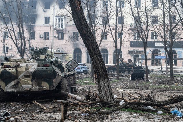 Destroyed armor is seen in a neighborhood on the Azovstal front in Mariupol. The battle between Russian \/ Pro Russian forces and the defencing Ukrainian forces lead by Azov battalion continues in the port city of Mariupol. (Photo by Maximilian Clarke \/ SOPA Images\/Sipa USA