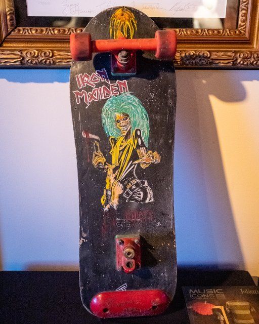 Juliens Auctions presents an auction preview of Kurt Cobains personally drawn 1985 Iron Maiden Killers skateboard deck artwork featuring the Iron Maiden mascot Eddie; at the Hard Rock Cafe in New York, New York, on May 16, 2022. The auction will take place from May 20-22 at the Hard Rock Cafe. (Photo by Gabriele Holtermann\/Sipa USA