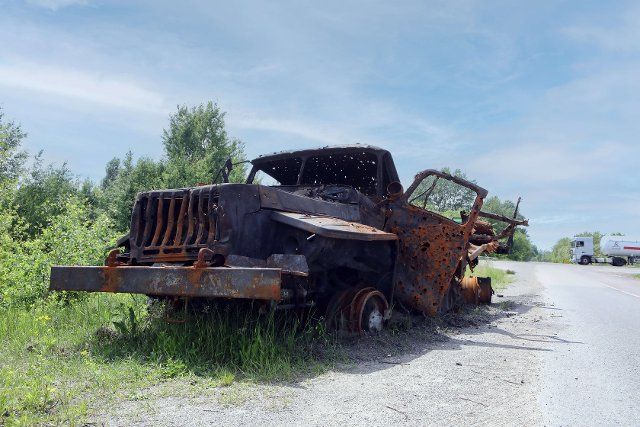 Kiev region, Ukraine - June 4, 2022 - The remains of destroyed Russian vehicles are pictured by the roadside of the Kyiv-Ovruch highway, Kyiv Region, northern Ukraine. This photo cannot be distributed in the Russian Federation. Photo by Volodymyr Tarasov\/Ukrinform\/Abaca\/Sipa