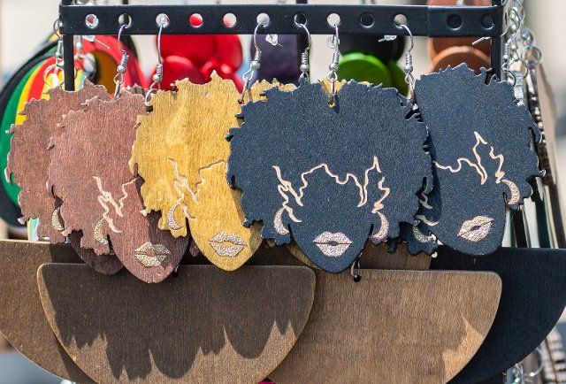Hand made Afro Girl earrings for sale at a Juneteenth Block party. Juneteenth is celebrated June 19th to commemorate the emancipation of enslaved African Americans. (Photo by Aimee Dilger \/ SOPA Images\/Sipa USA