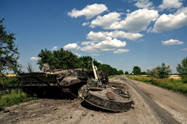 A destroyed Russian tank is pictured by the roadside near Huliaipole, Zaporizhzhia Region, southeastern Ukraine. June 29, 2022. Photo by Dmytro Smolyenko\/Ukrinform\/Abaca\/Sipa