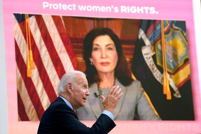 U.S. President Joe Biden talks to New York Governor Kathy Hochul during a virtual meeting with governors on reproductive health care in the South Court Auditorium at the White House in Washington on July 1, 2022. Photo by Yuri Gripas\/Abaca\/Sipa