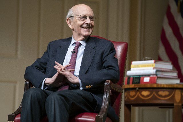 Associate Justice of the Supreme Court Stephen G. Breyer arrives for an event at the Library of Congress for the 2022 Supreme Court Fellows Program hosted by the Law Library of Congress, Thursday, February 17, 2022, in Washington. Credit: Evan 