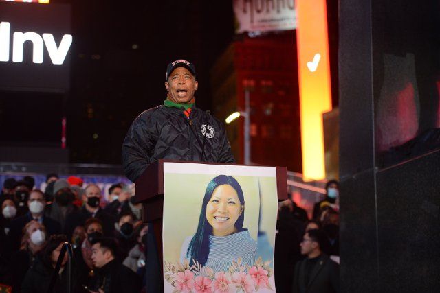 January 18, 2022 - New York, New York, USA: Mayor Eric Adams addresses the Times Square candlelight vigil for Michelle Alyssa Go. Elected officials, friends of Michelle Alyssa Go and diverse New Yorkers came out to the Times Square "Red Steps" to remember Ms Go--who was tragically pushed to her death in front of a subway train earlier this week. (Sam Simmonds\/Polaris
