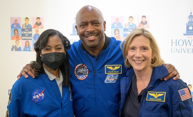 6\/18\/2022 - Washington, District of Columbia, United States of America: NASA astronaut Stephanie Wilson, left, and former NASA astronauts Leland Melvin and Susan Kilrain pose for a photograph prior to the screening of the NASA produced documentary âThe Color of Spaceâ at Howard Universityâs Cramton Auditorium in Washington, Saturday, June 18, 2022. Premiering on Juneteenth, the federal holiday commemorating the end of slavery in the United States, âThe Color of Spaceâ is an inspirational documentary that tells the stories of NASAâs Black astronauts determined to reach the stars. Mandatory (Bill Ingalls \/ NASA via CNP\/POLARIS