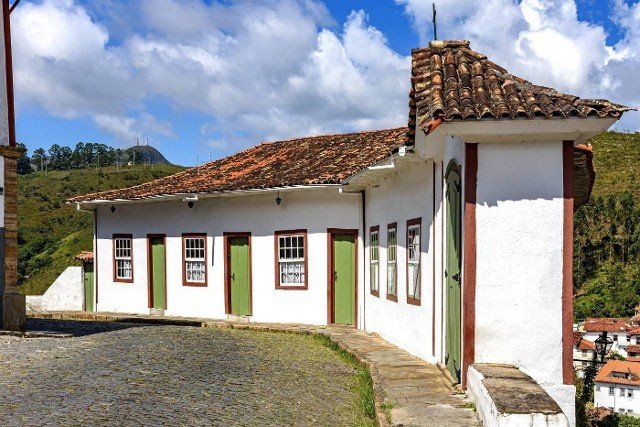 Cobblestone streets of Ouro Preto with old colonial-style houses in the state of Minas Gerais