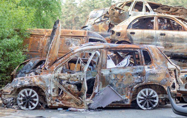 A lot of rusty burnt cars in Irpen,  after being shot by the Russian military. Russia\