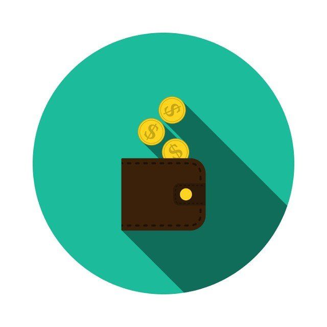 Golden Coins Fall In Purse Icon. Flat Circle Stencil Design With Long Shadow. Vector Illustration.