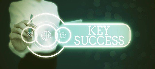 Text showing inspiration Key Success,  Word Written on generally three to five areas that company may focus on Lady in suit holding pen symbolizing successful teamwork accomplishments.